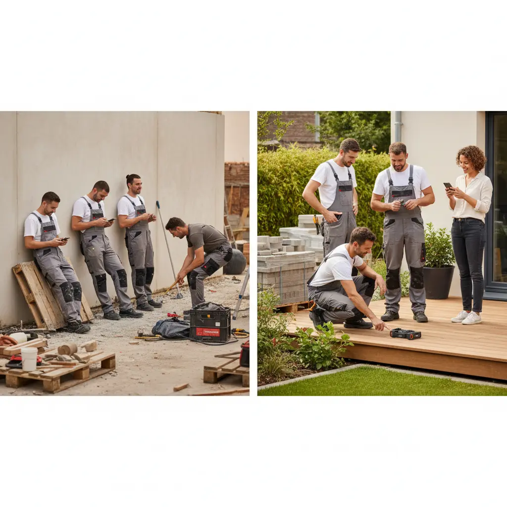 Comparaison avant/après stylisée en deux panneaux montrant un chantier de construction : à gauche, un site désordonné avec des matériaux éparpillés et des ouvriers en pause ; à droite, une équipe d'artisans concentrés et