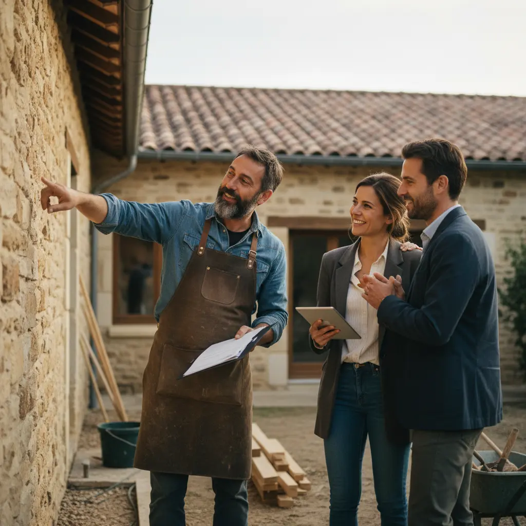 Un artisan en tenue de travail discute avec un couple devant une maison en rénovation, échangeant des plans et des idées dans une ambiance professionnelle et conviviale, illustrant la prise de rendez-vous pour un chantie
