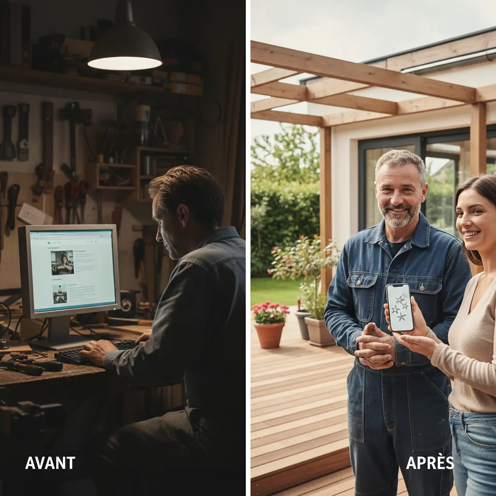 Comparaison en deux panneaux montrant un site vitrine d'artisan avant et après amélioration, avec un artisan souriant interagissant avec un client satisfait dans un atelier lumineux et organisé, illustrant la transformat