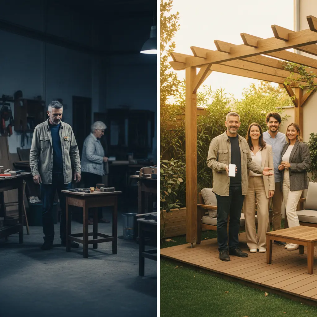 Comparaison avant/après stylisée en deux panneaux montrant un artisan travaillant dans son atelier avec peu de clients à gauche, et à droite le même artisan souriant recevant plusieurs clients satisfaits, illustrant une
