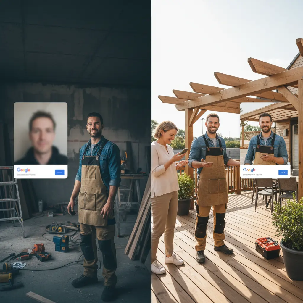 Comparaison visuelle avant/après stylisée en deux panneaux montrant une fiche Google d'artisan améliorée, avec un artisan souriant en train de présenter son travail sur un chantier lumineux et bien organisé