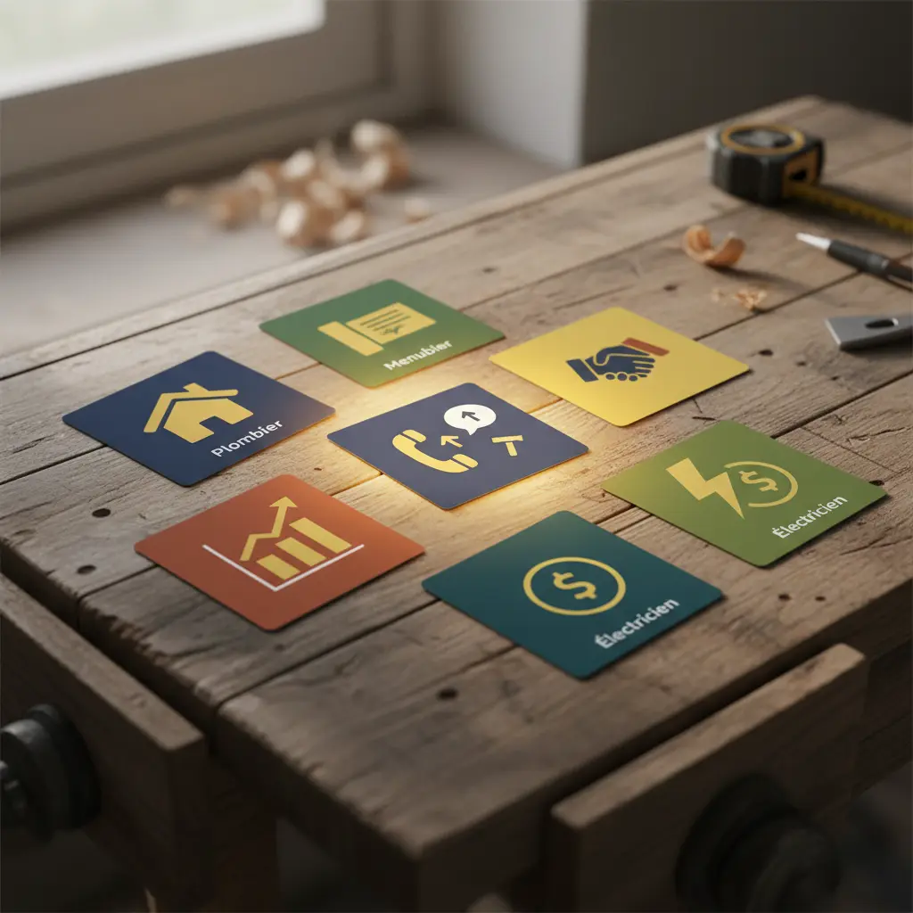 Un artisan souriant en tenue de travail présente une carte visuelle colorée devant un mur avec plusieurs cartes similaires, illustrant une campagne Google Ads efficace pour générer des appels rapidement, dans une ambianc