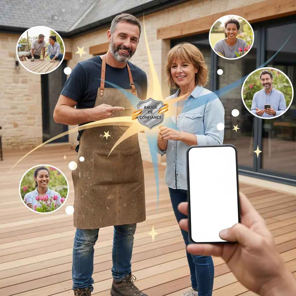 Un artisan souriant montre fièrement un badge de confiance tandis que des étoiles abstraites flottent en arrière-plan, entouré de mini vignettes anonymes représentant des clients satisfaits, illustrant la crédibilité et
