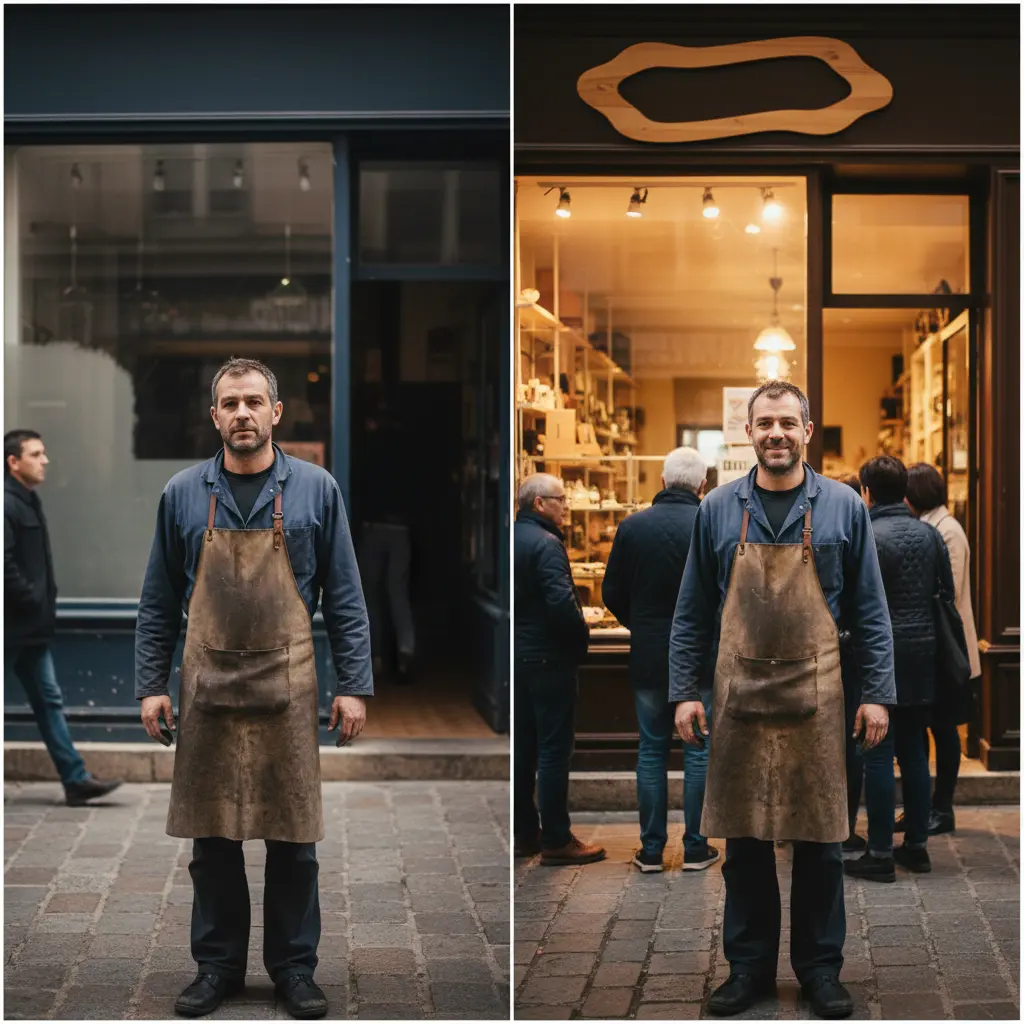 Comparaison avant-après montrant un artisan souriant devant sa boutique, avec à gauche une vitrine terne et peu fréquentée, et à droite une devanture lumineuse et animée, illustrant l'amélioration de la visibilité locale