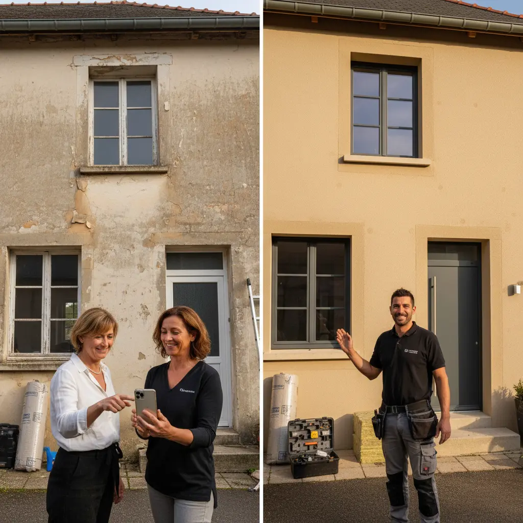 Vue en deux panneaux montrant la façade d'une maison avant et après rénovation énergétique, avec un artisan souriant inspectant les travaux d'isolation thermique, ambiance lumineuse et positive illustrant l'amélioration