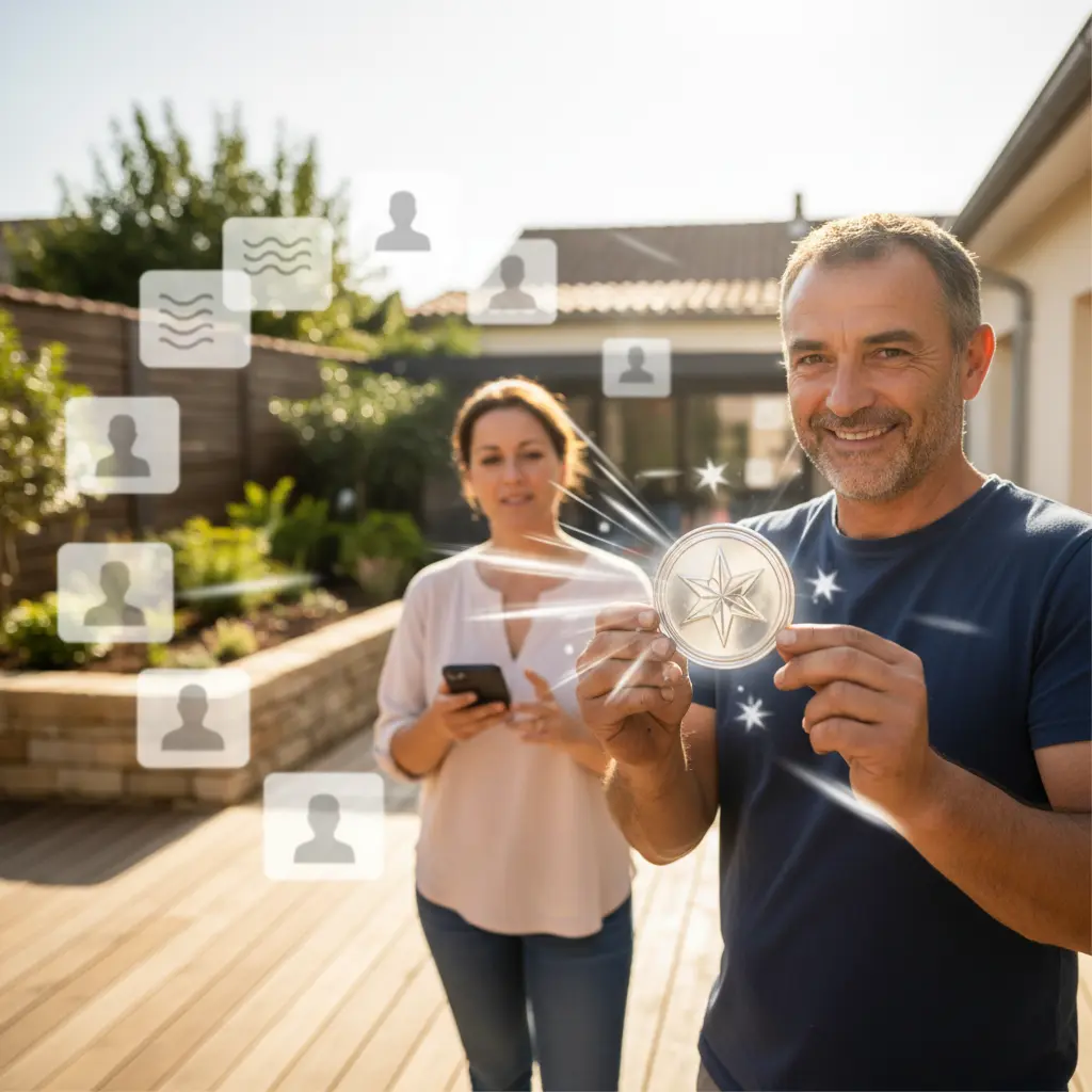 Un artisan souriant montre fièrement un badge de confiance tandis que des étoiles abstraites flottent en arrière-plan, entouré de mini vignettes anonymes représentant des avis clients positifs dans une ambiance professio