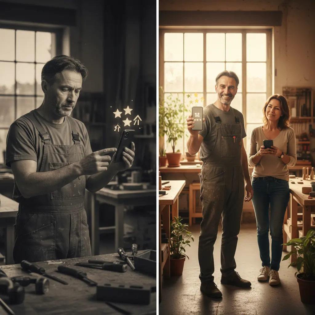 Comparaison avant et après stylisée en deux panneaux montrant un artisan souriant recevant des avis positifs sur son smartphone, illustrant l'amélioration de sa réputation en ligne dans un atelier lumineux et chaleureux.