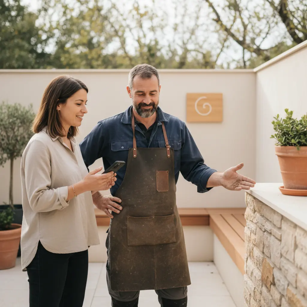 Deux panneaux côte à côte montrent la comparaison avant/après d'un site web d'artisan, avec un panneau à gauche présentant un design simple et peu attrayant, et un panneau à droite affichant une interface moderne et prof