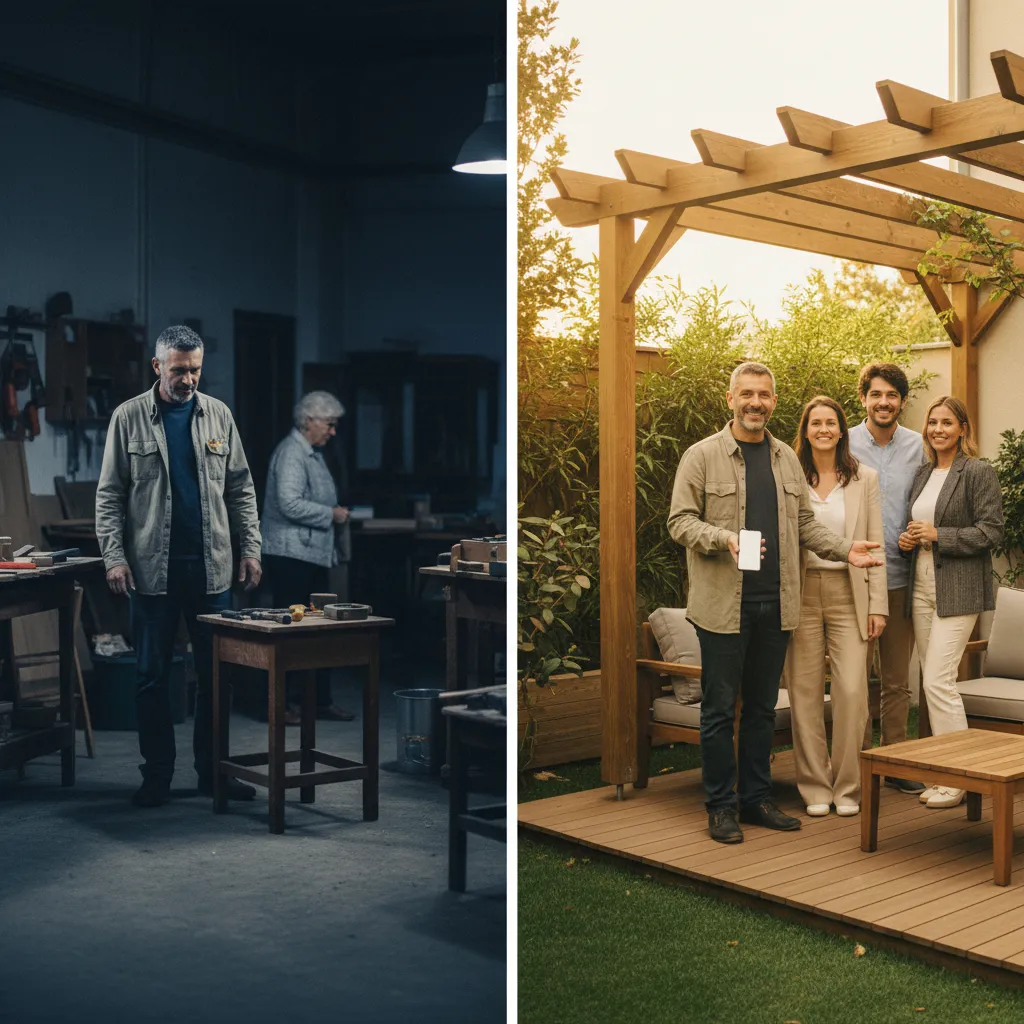 Comparaison avant/après stylisée en deux panneaux montrant un artisan travaillant dans son atelier avec peu de clients à gauche, et à droite le même artisan souriant recevant plusieurs clients satisfaits, illustrant une